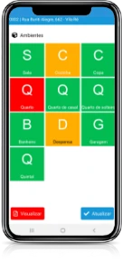 Tela do aplicativo PRO Vistoria mostrando os ambientes de um imóvel organizados em blocos coloridos por status